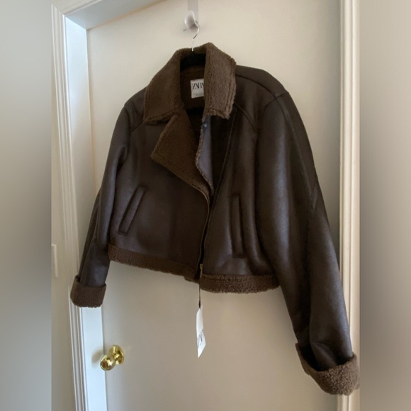 Faux shearling cropped biker jacket brown - Picture 4 of 6